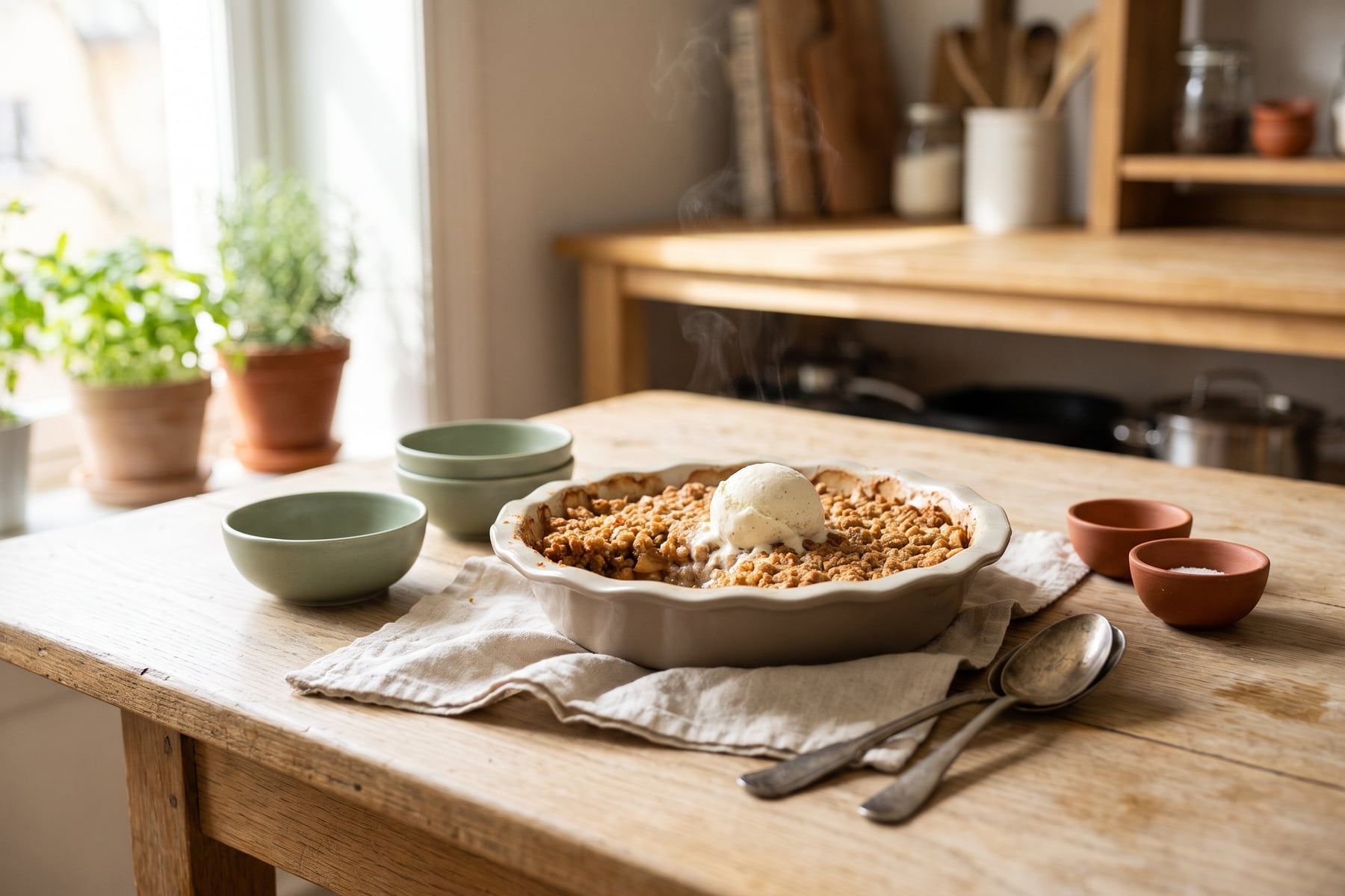 Warm apple crisp with a golden oat crumble topping in a baking dish with a scoop of melting vanilla ice cream