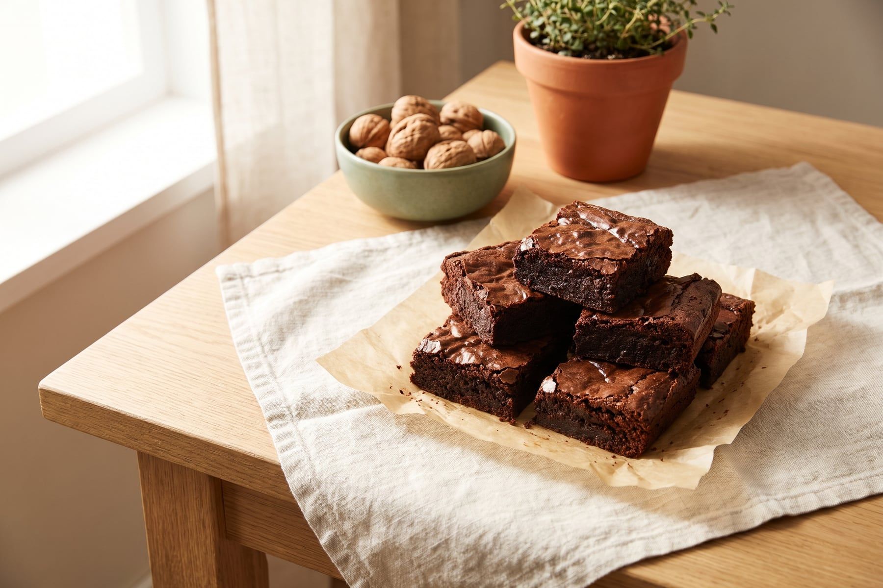 Fudgy chocolate brownies with shiny crackly tops cut into squares on parchment paper
