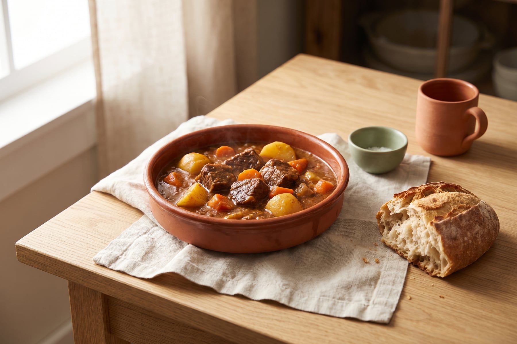 Hearty beef stew with chunks of beef, potatoes, carrots and peas in a terracotta bowl with crusty bread