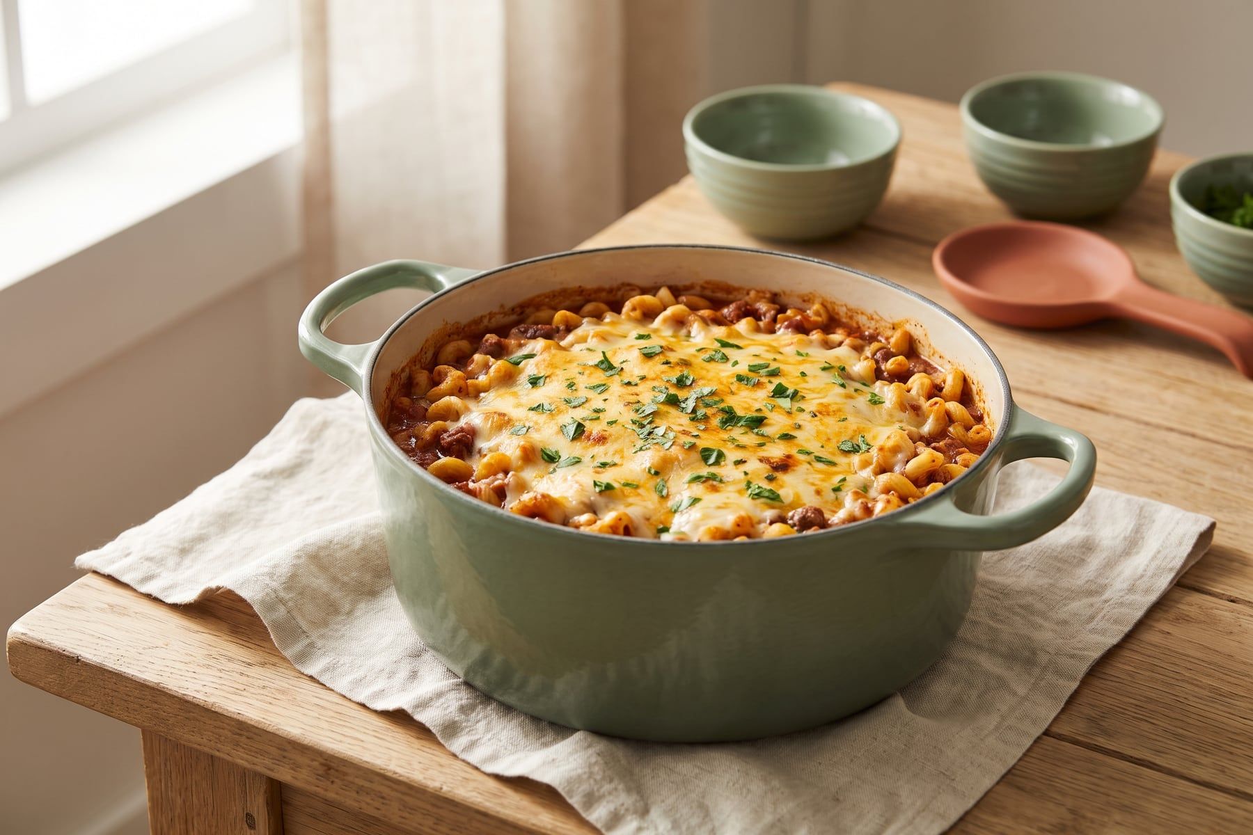 Cheesy chili mac with ground beef, kidney beans and elbow macaroni in a sage green Dutch oven under melted cheddar