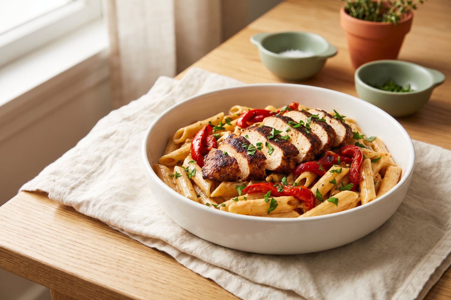 Creamy Cajun chicken penne with sliced blackened chicken, red peppers and parsley in a white bowl