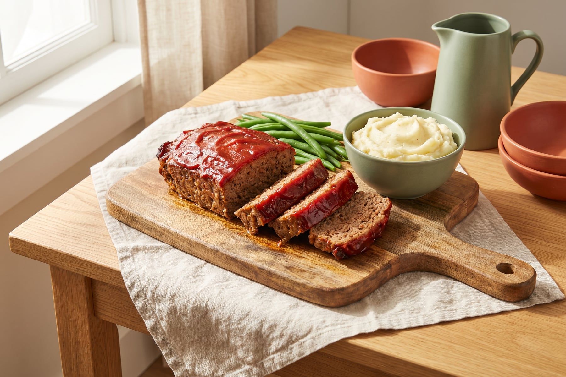Sliced classic meatloaf with a shiny red ketchup glaze on a board with mashed potatoes and green beans