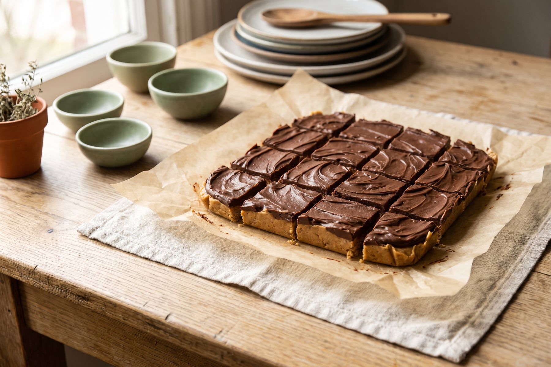 No-bake peanut butter bars with a thick glossy chocolate topping cut into neat squares on parchment paper