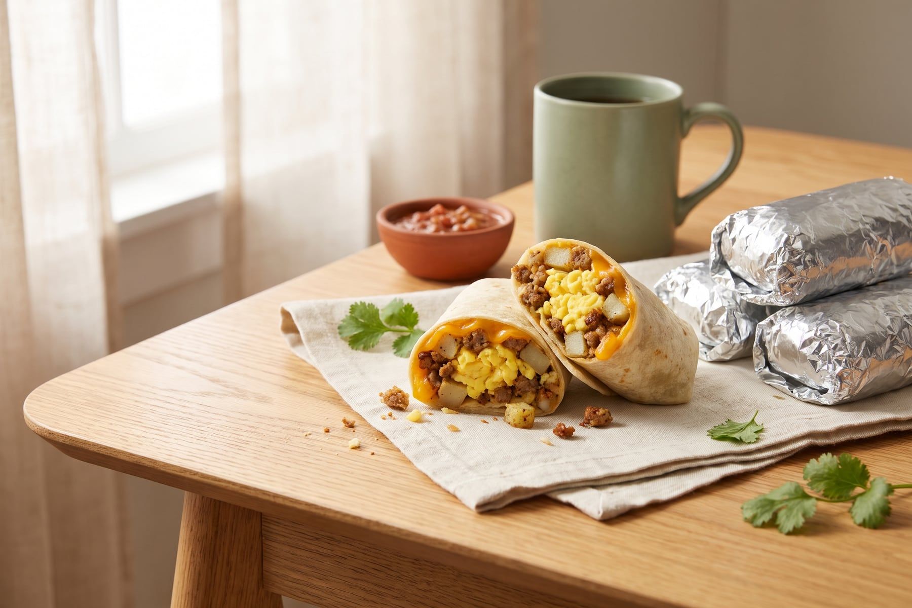 Breakfast burritos filled with eggs, sausage, potatoes and cheese with one cut in half and others wrapped in foil