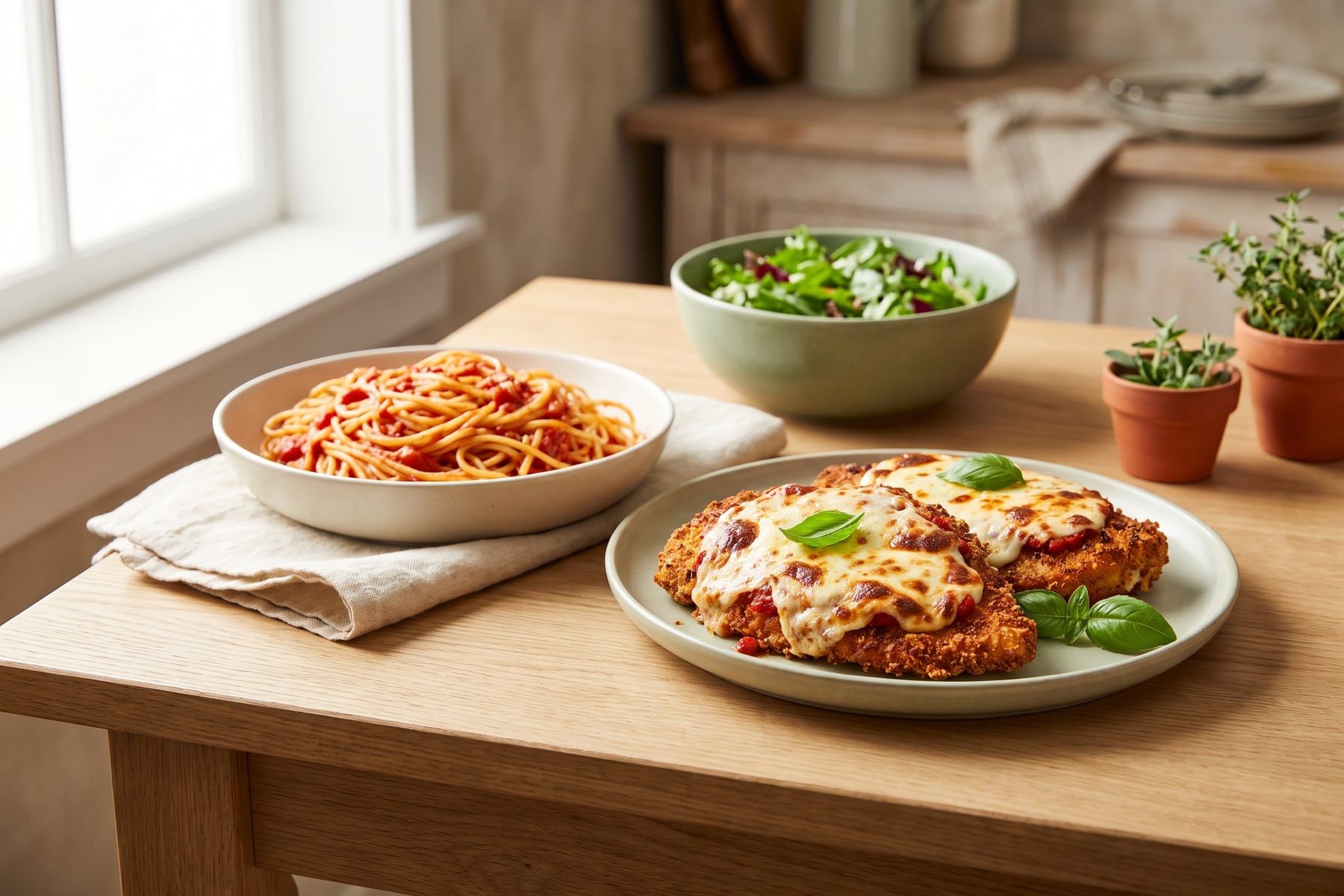 Crispy baked chicken Parmesan cutlets topped with marinara, bubbly melted mozzarella and fresh basil with spaghetti on the side