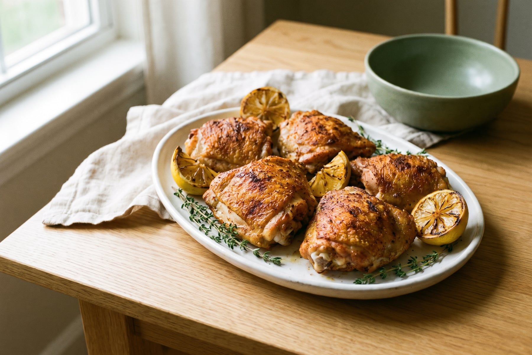 Crispy golden air fryer chicken thighs on a white platter with lemon wedges and thyme