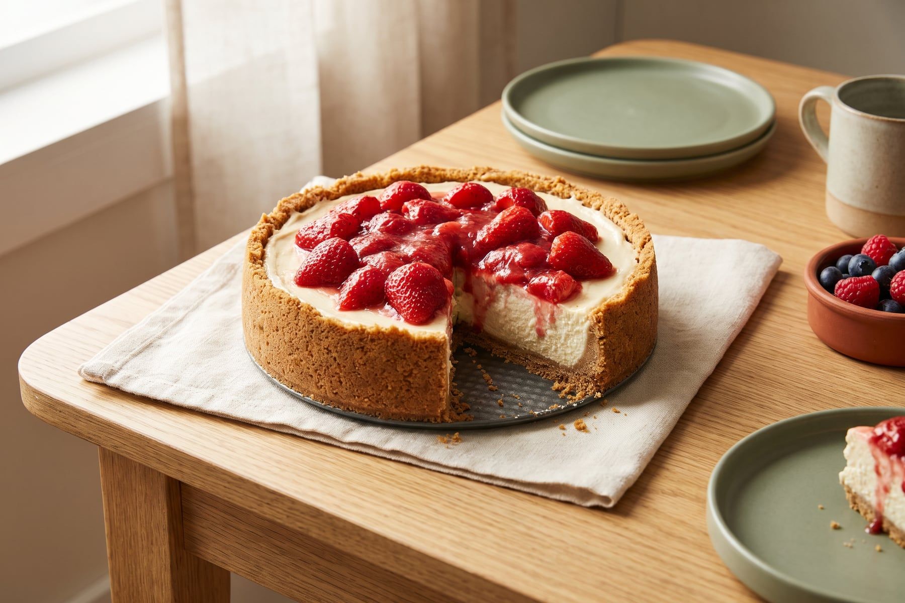 Creamy no-bake cheesecake with a graham cracker crust and glossy sliced strawberry topping with one slice removed