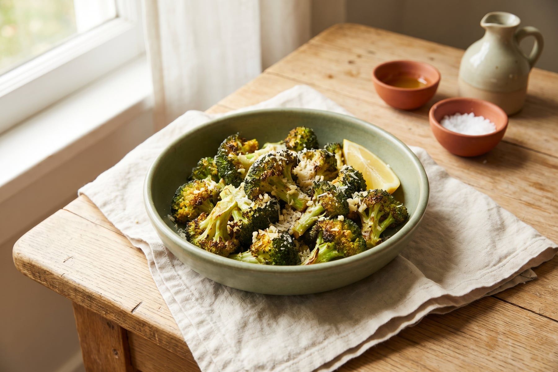 Crispy charred air fryer broccoli florets with garlic and Parmesan in a bowl with a lemon wedge