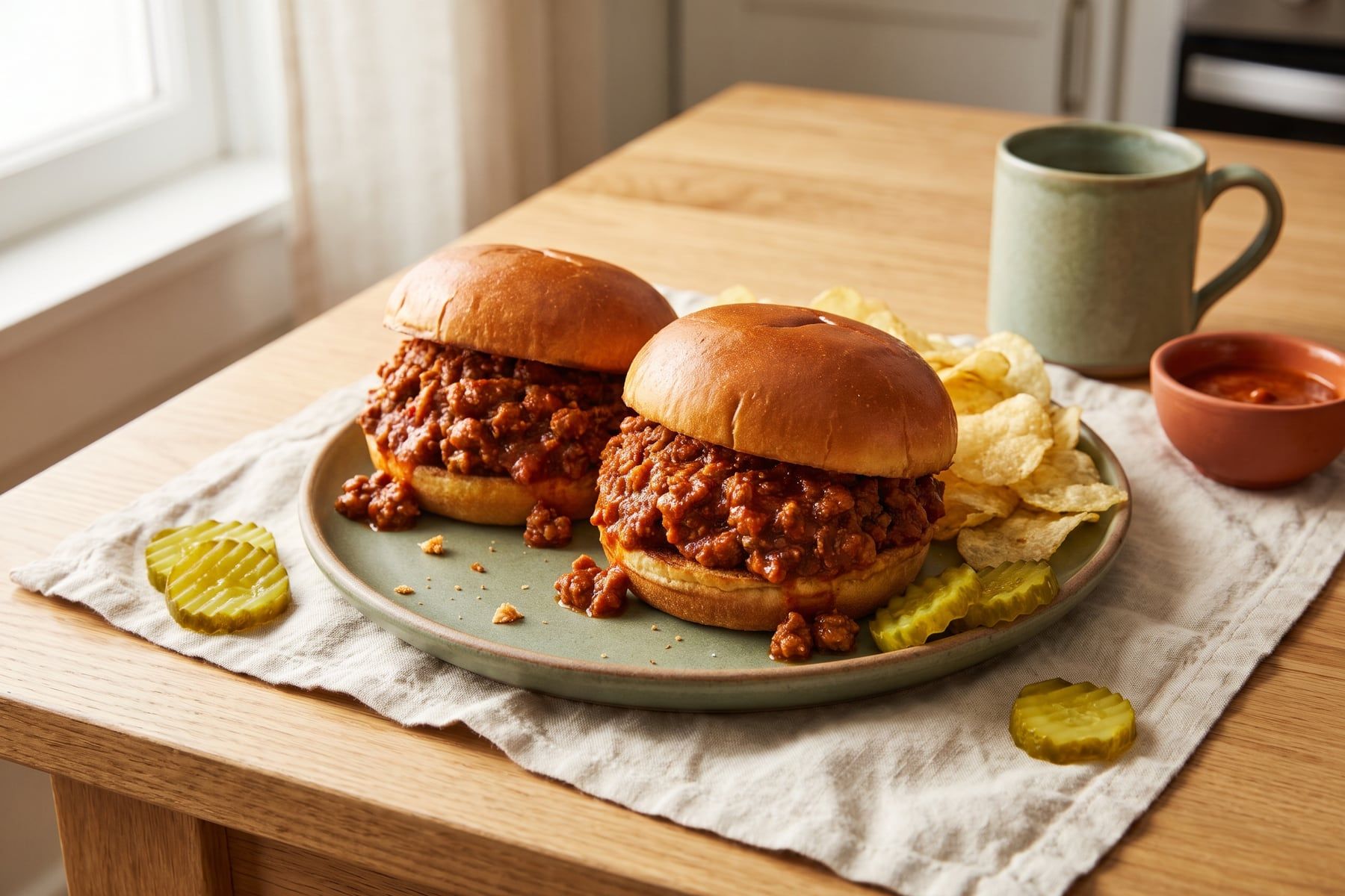 Two saucy sloppy joe sandwiches on toasted buns with pickles and potato chips on the side