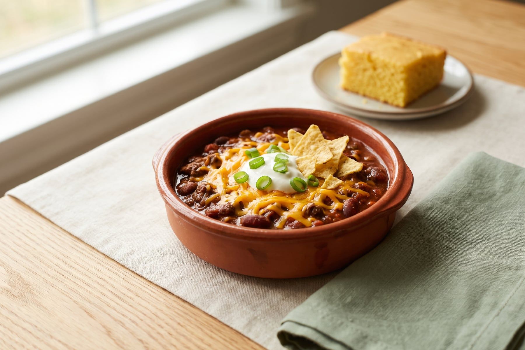 A terracotta bowl of beef and bean chili topped with cheddar, sour cream, green onions and tortilla chips