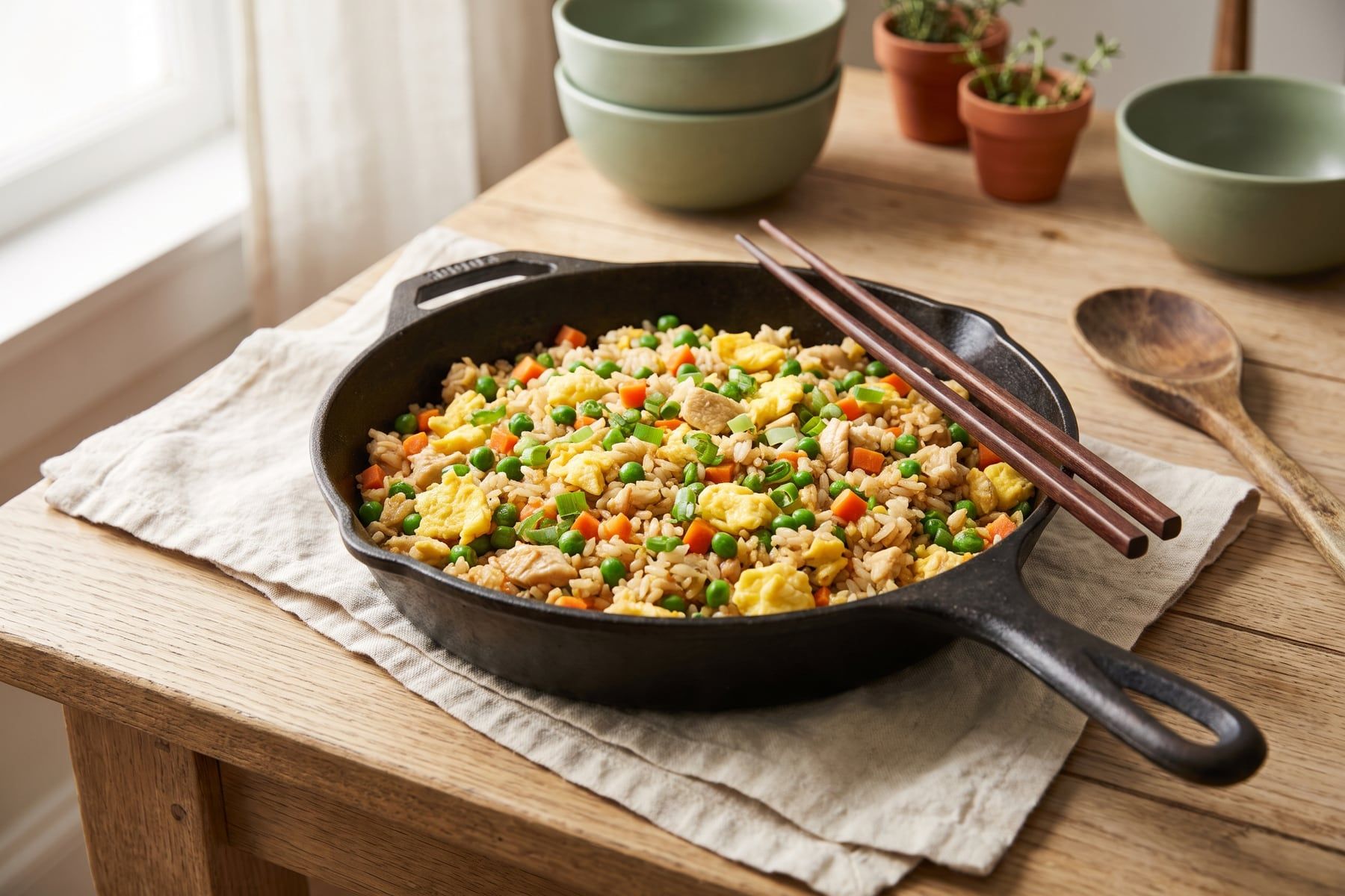Chicken fried rice with peas, carrots, scrambled egg and green onions in a skillet with chopsticks