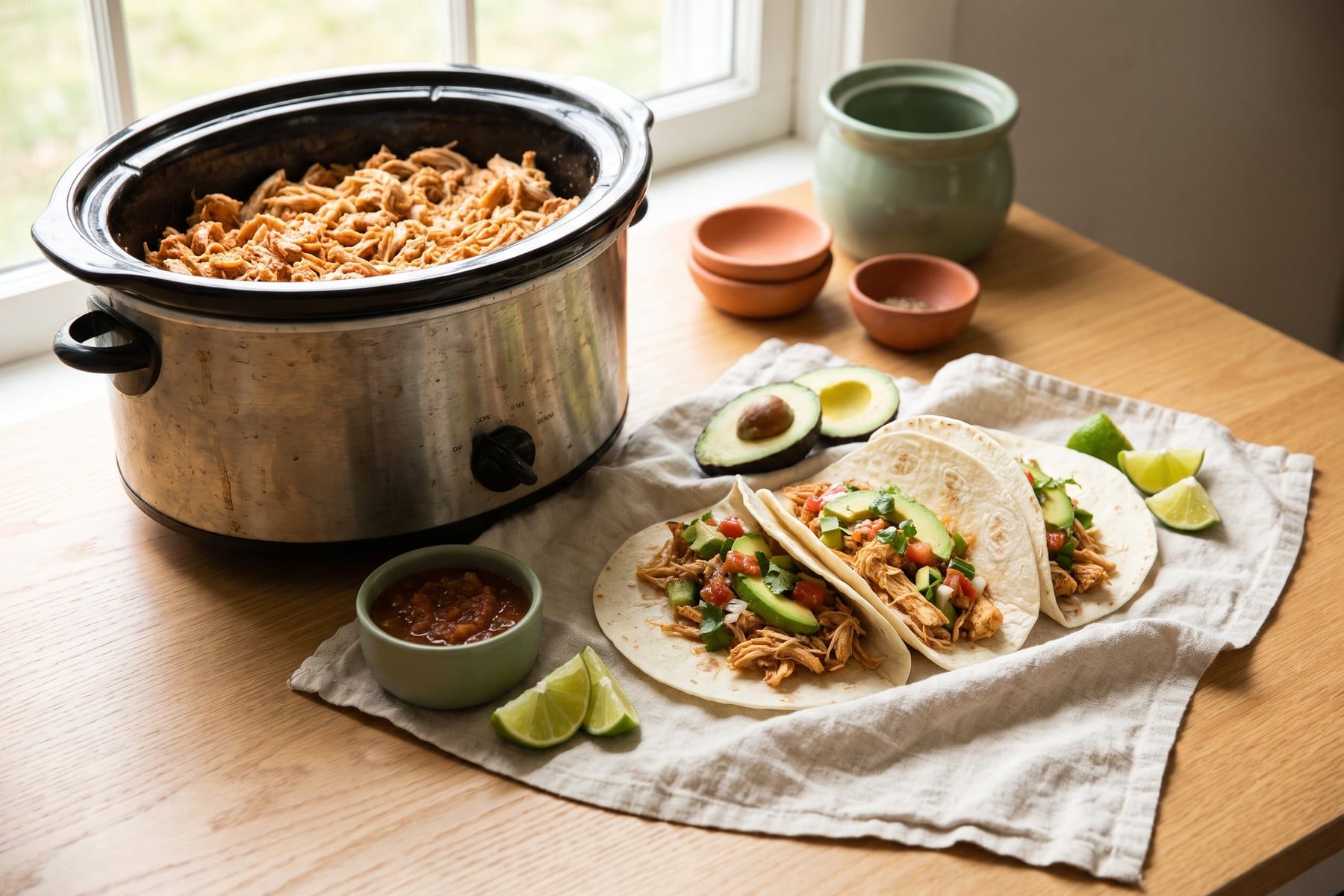 Shredded salsa chicken in a slow cooker crock beside soft tacos topped with avocado and lime