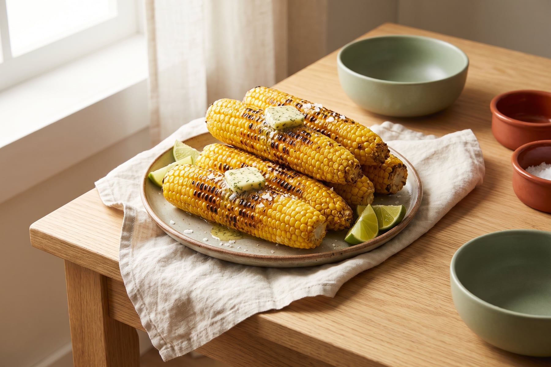 Grilled corn on the cob with char marks and melting herb butter on a platter with flaky salt and lime wedges