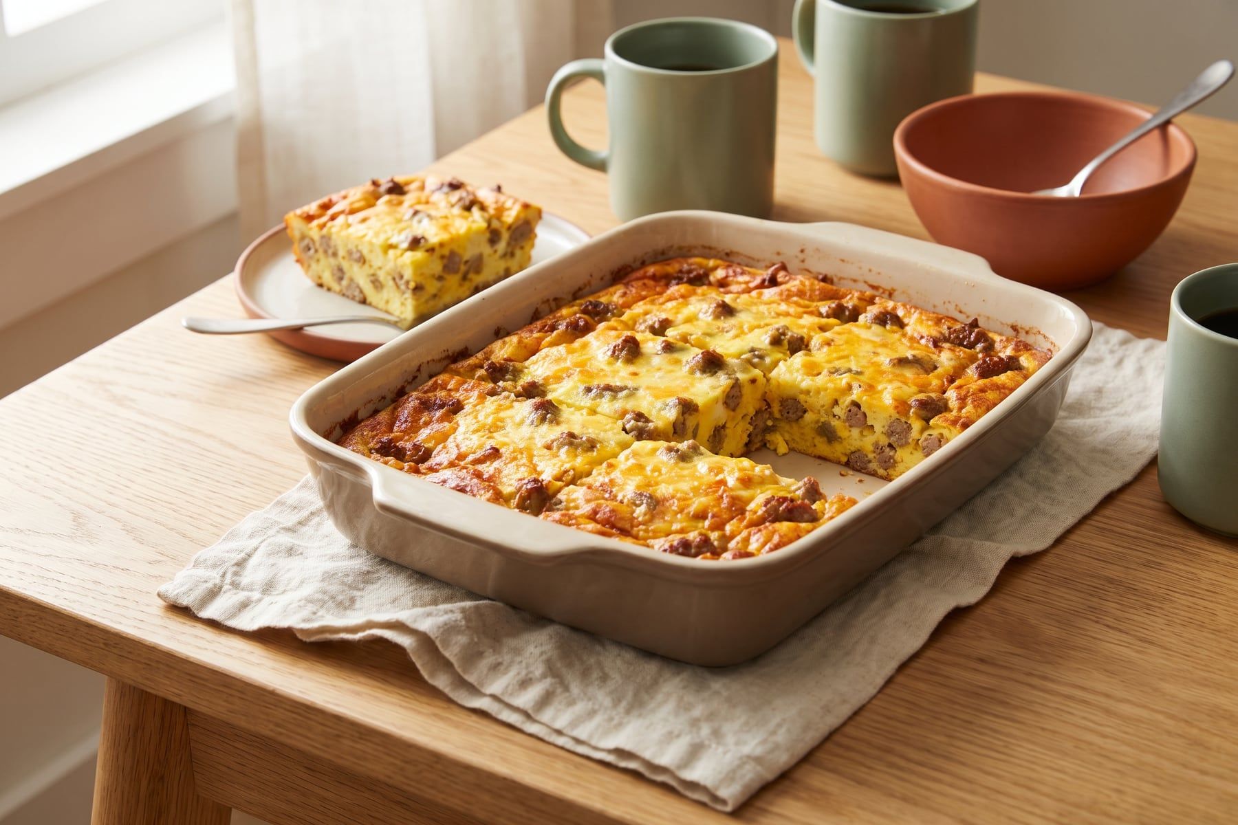 Golden sausage egg and cheese breakfast casserole in a baking dish with one square served on a plate