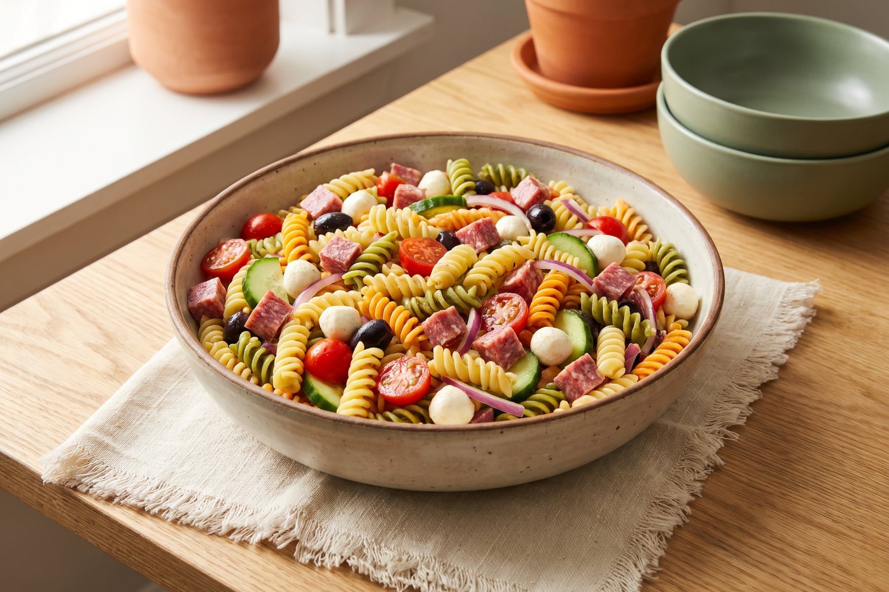 A large bowl of colorful rotini pasta salad with salami, mozzarella pearls, cherry tomatoes, black olives, cucumber and red onion