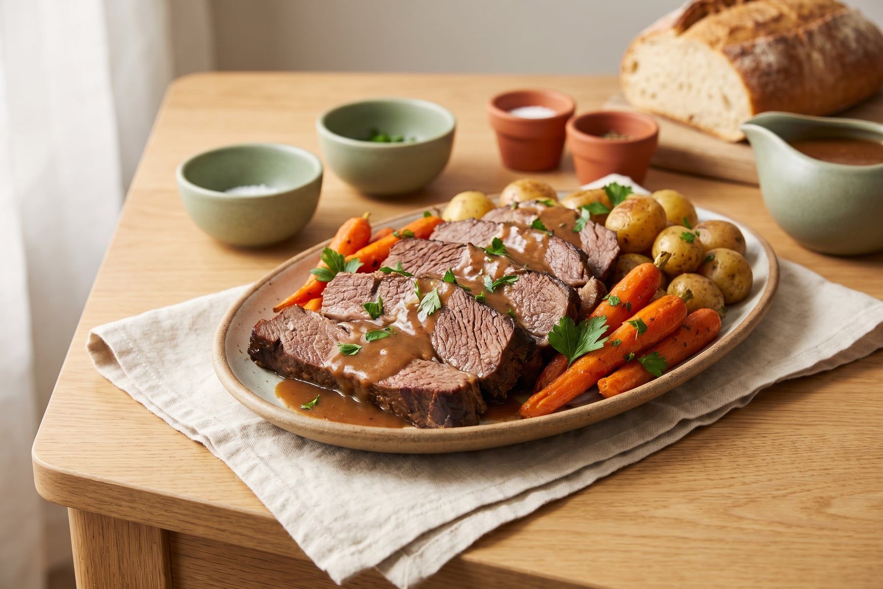 Tender sliced chuck pot roast with carrots and potatoes and brown gravy on a serving platter
