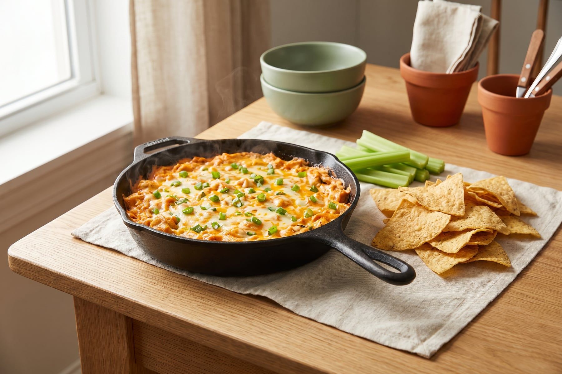 Bubbling buffalo chicken dip with melted cheddar and green onions in a cast-iron skillet surrounded by tortilla chips and celery sticks