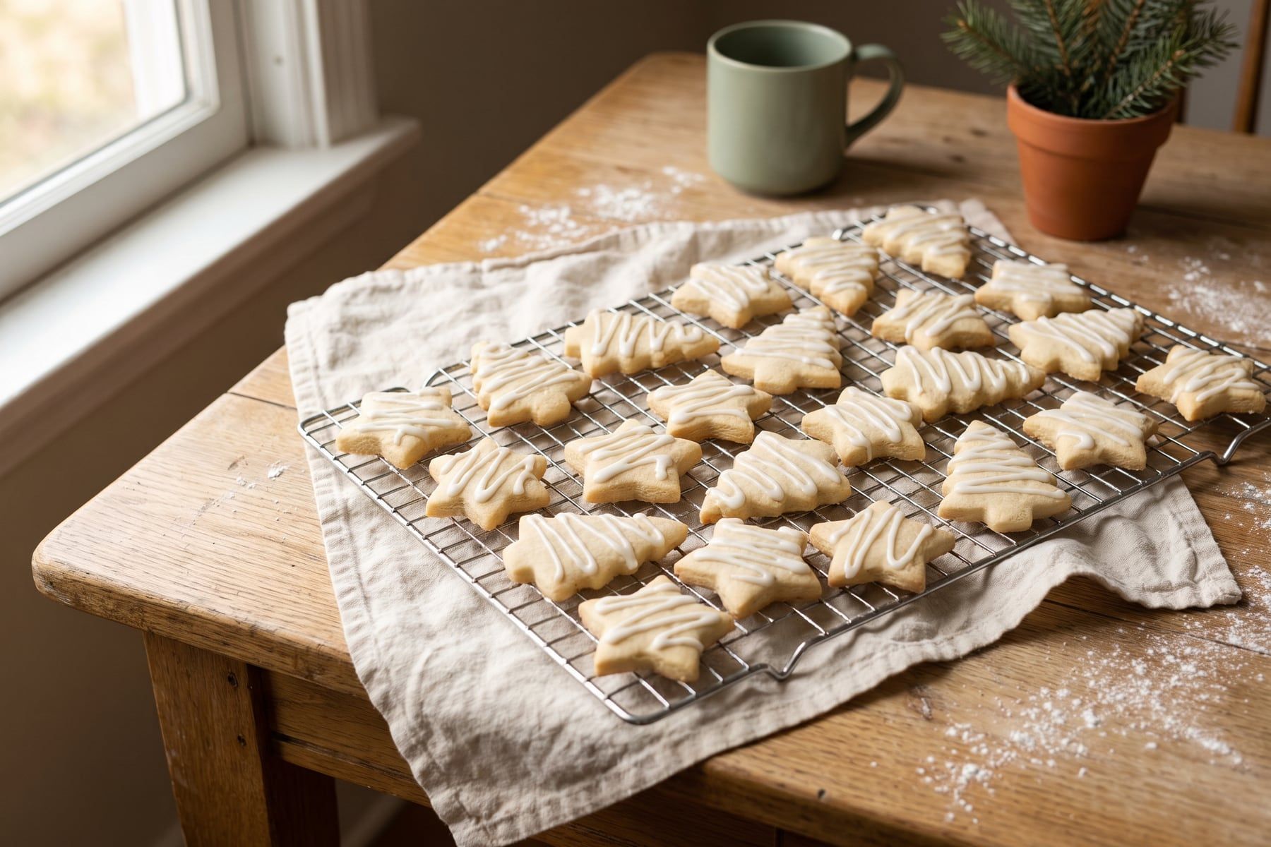 Soft cut-out sugar cookies shaped like stars and Christmas trees with smooth white icing on a wire cooling rack