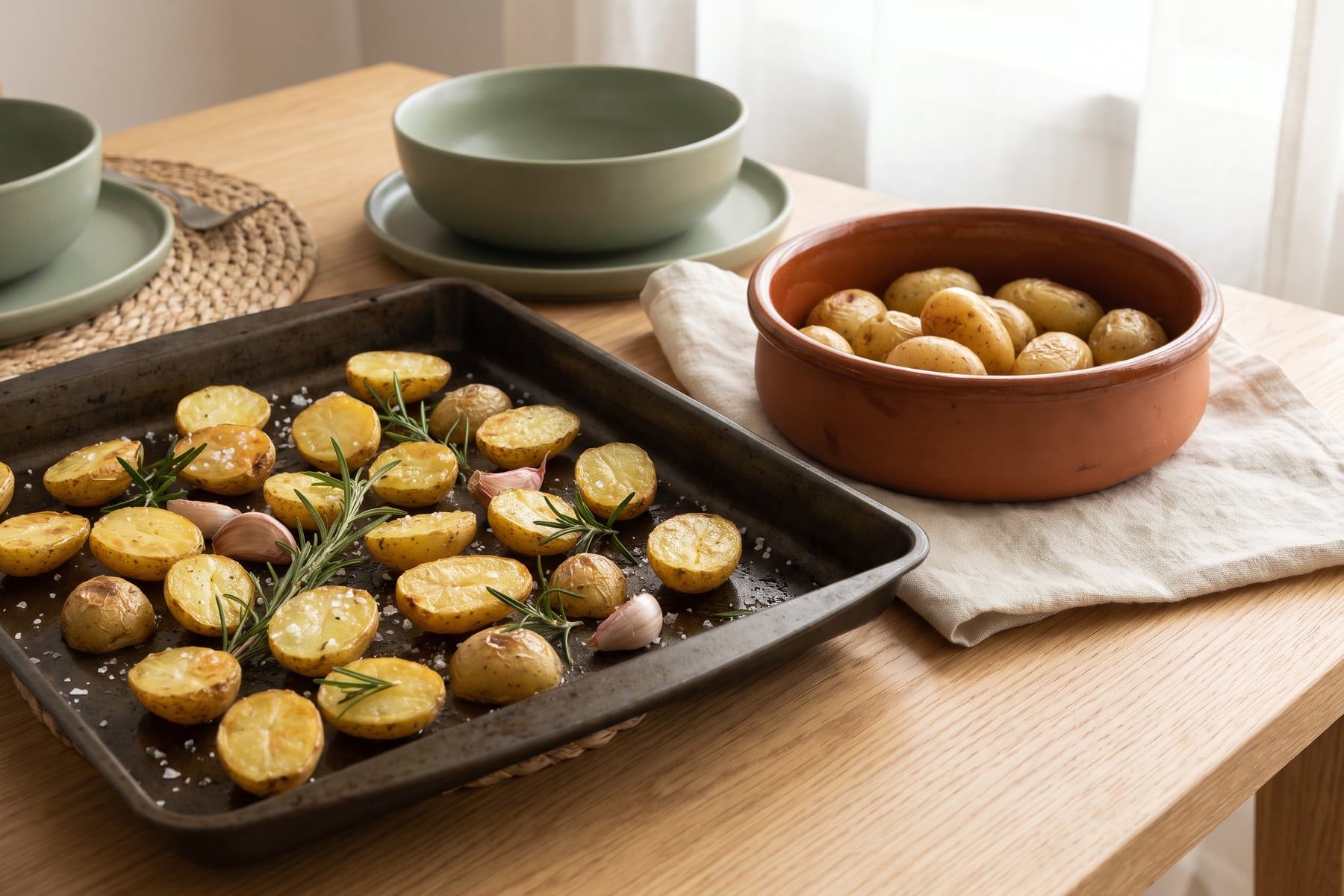Crispy halved roasted baby potatoes with rosemary on a sheet pan and in a terracotta dish