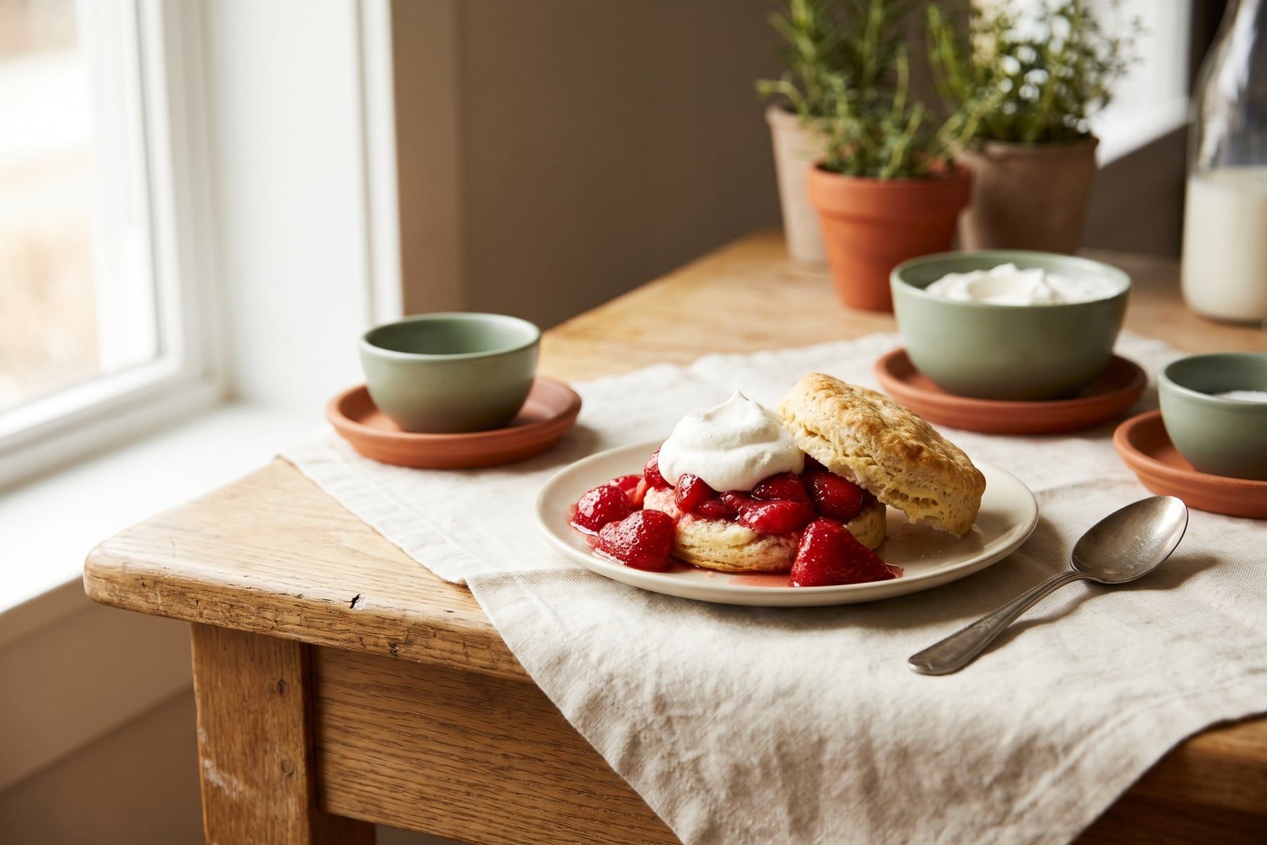 Strawberry shortcake with a split golden biscuit filled with juicy sliced strawberries and billowy whipped cream
