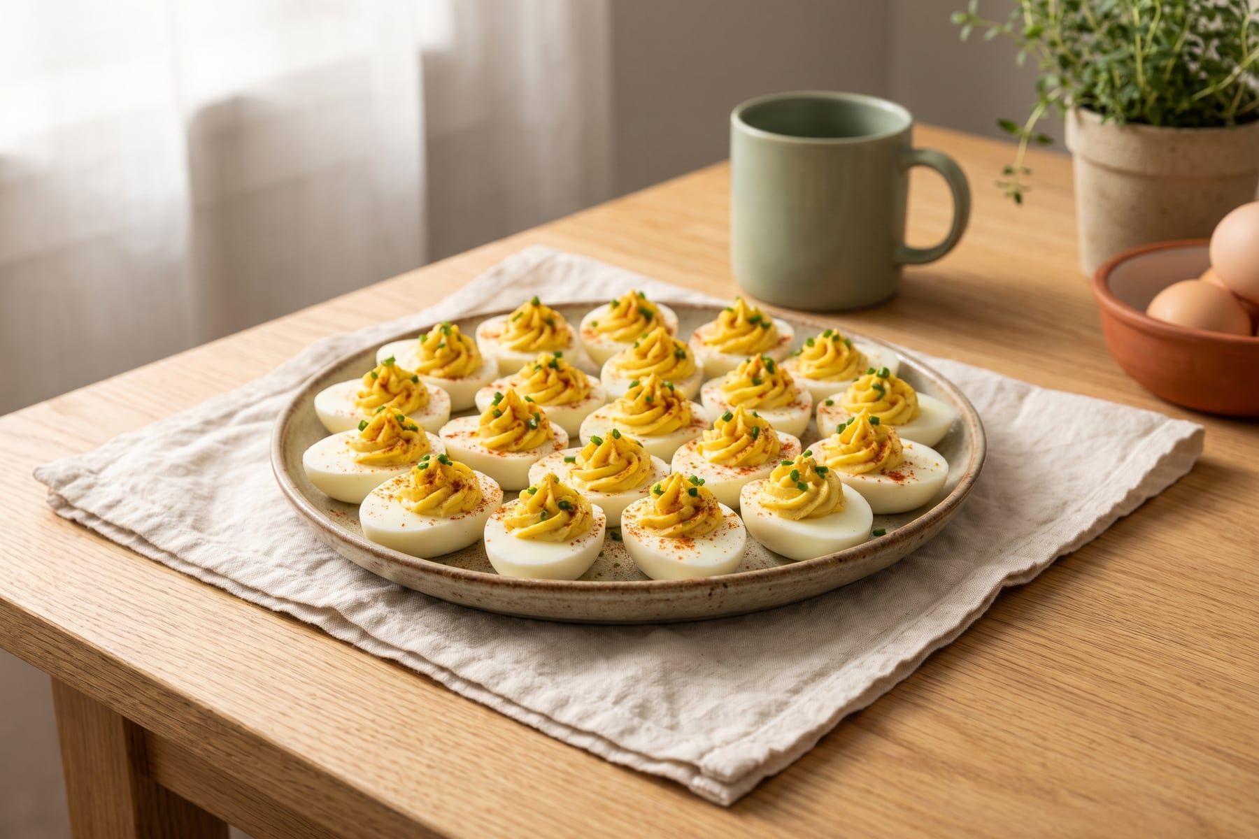 A white platter of classic deviled eggs with piped creamy yellow yolk filling dusted with paprika and topped with chopped chives