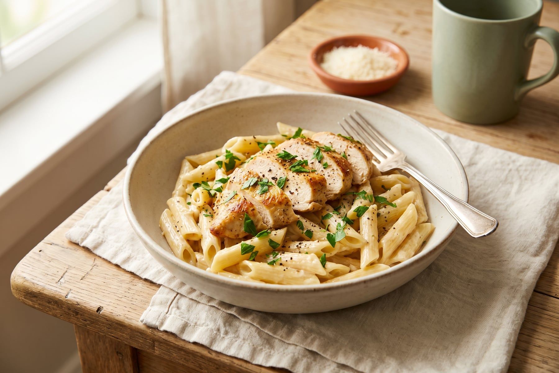 A bowl of creamy garlic chicken penne topped with sliced seared chicken and parsley