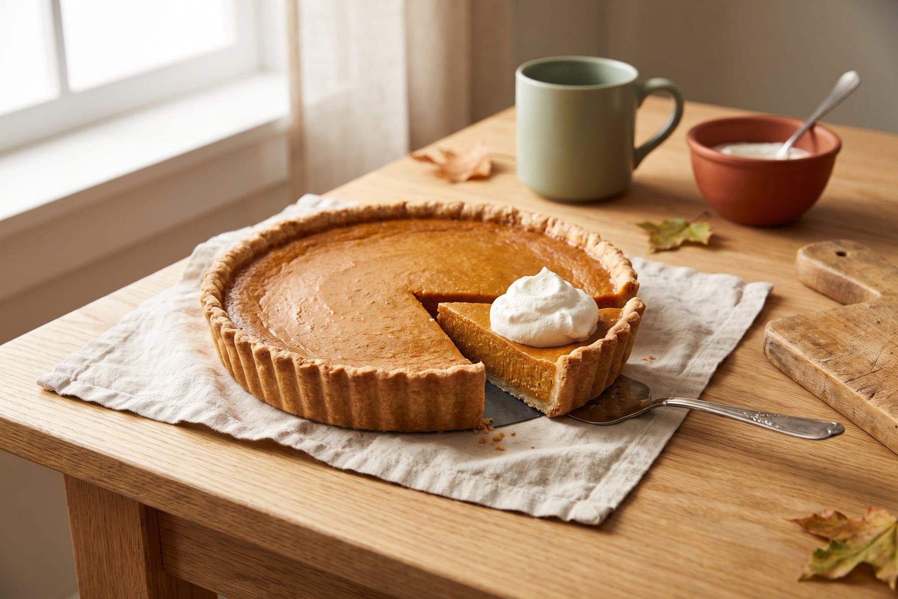 Classic pumpkin pie with a golden fluted crust and smooth orange filling with one slice cut out and topped with whipped cream
