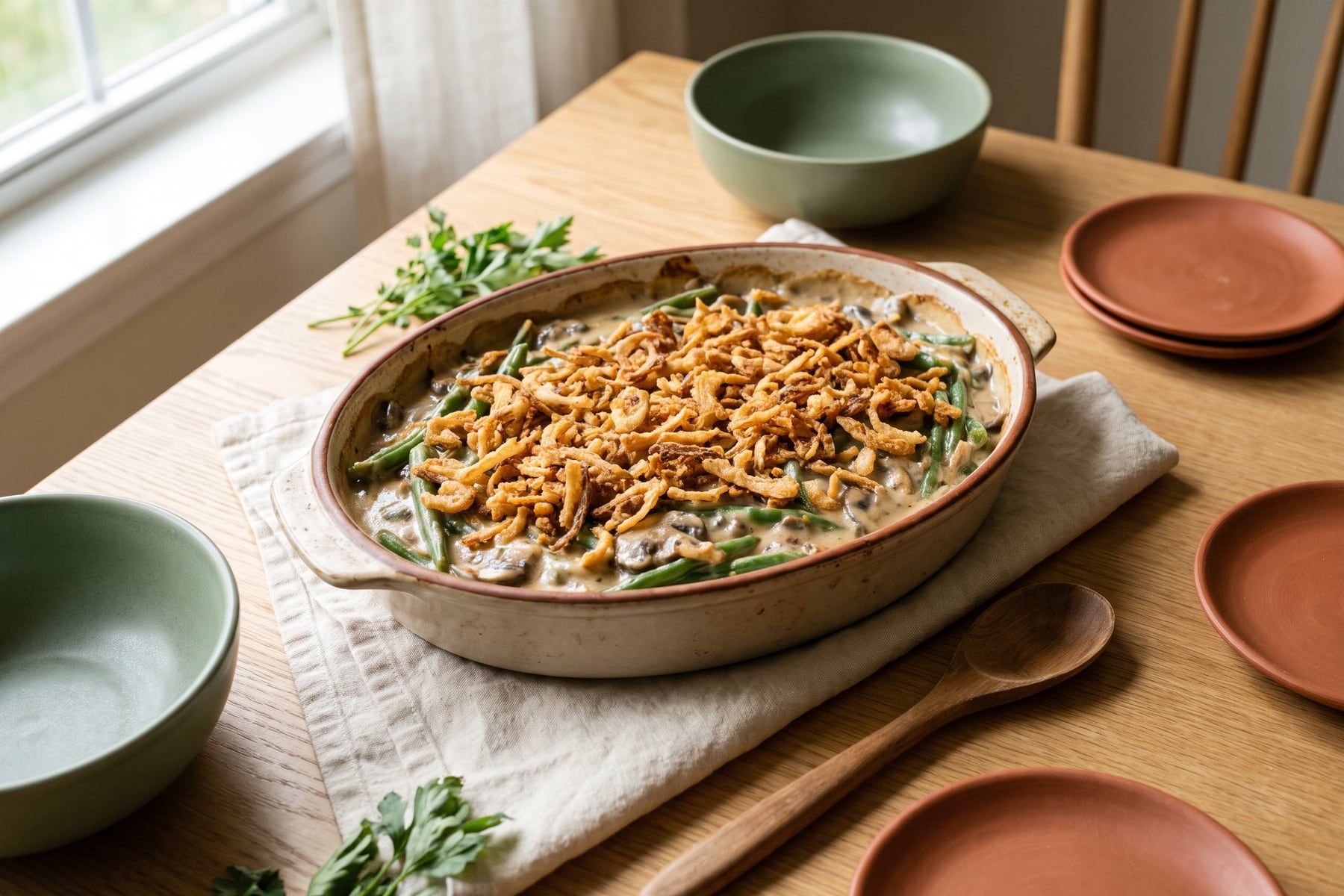 Green bean casserole with creamy mushroom sauce and crispy fried shallots on top in a baking dish
