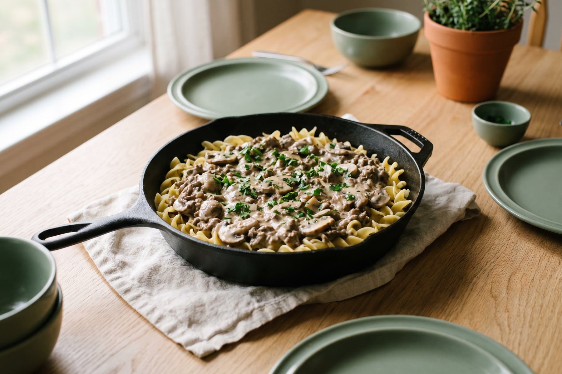 Creamy ground beef stroganoff with sliced mushrooms and egg noodles in a skillet, topped with chopped parsley