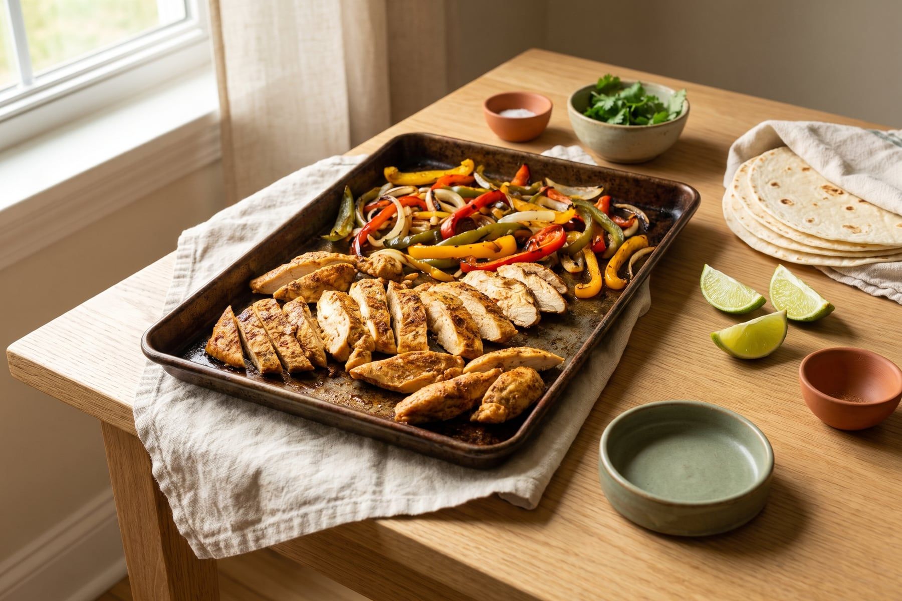 Seasoned chicken strips with red, yellow and green bell peppers and onions roasted on a dark sheet pan with lime wedges and cilantro