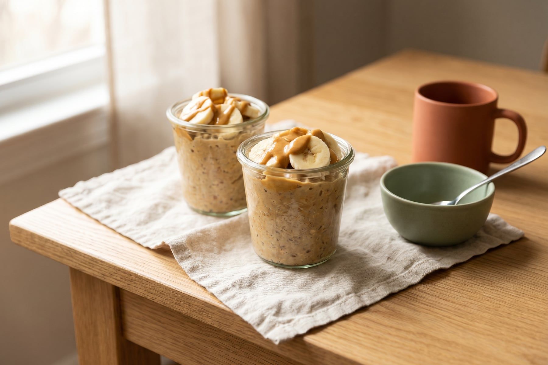 Two jars of peanut butter overnight oats topped with banana slices and a peanut butter drizzle