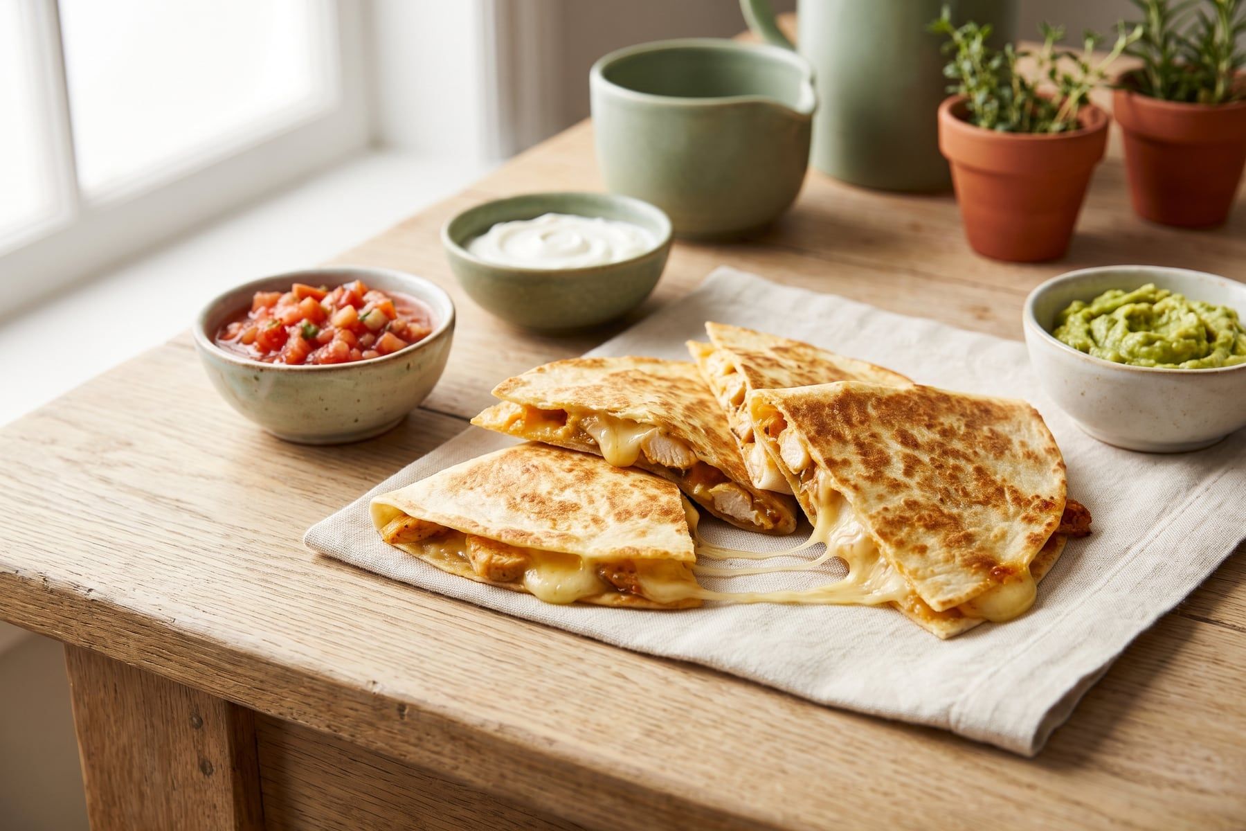 Golden crispy chicken quesadilla wedges with a melted cheese pull beside small bowls of salsa, sour cream and guacamole