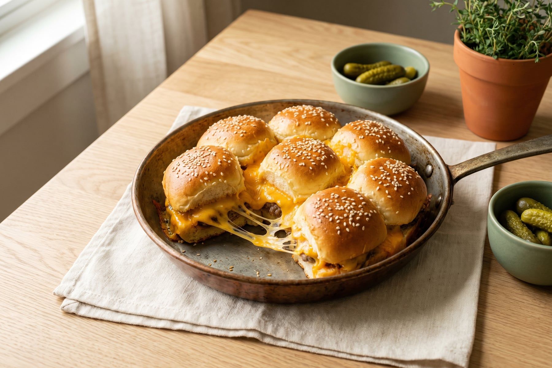 A pan of baked cheeseburger sliders on Hawaiian rolls with melted cheese and sesame seeds, one slider pulled apart