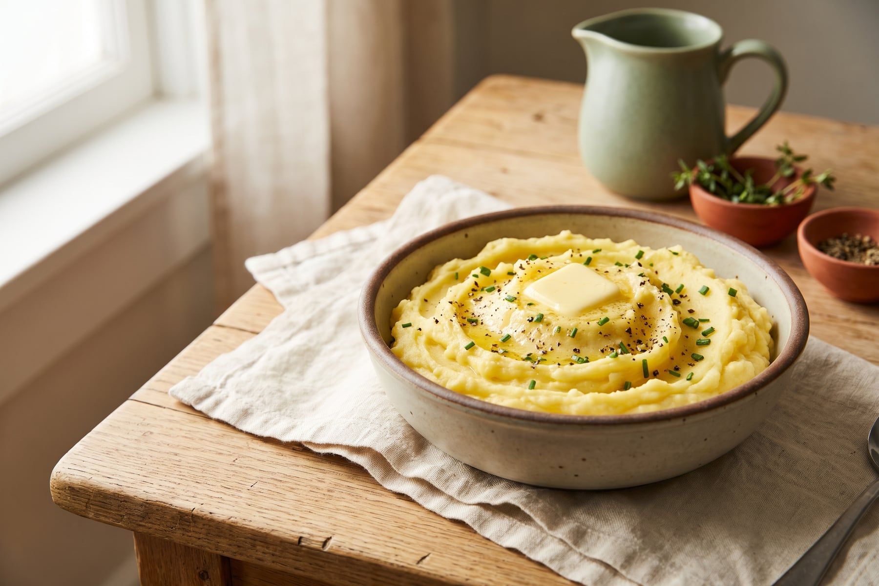 A bowl of creamy mashed potatoes with a pool of melting butter, chopped chives and cracked black pepper