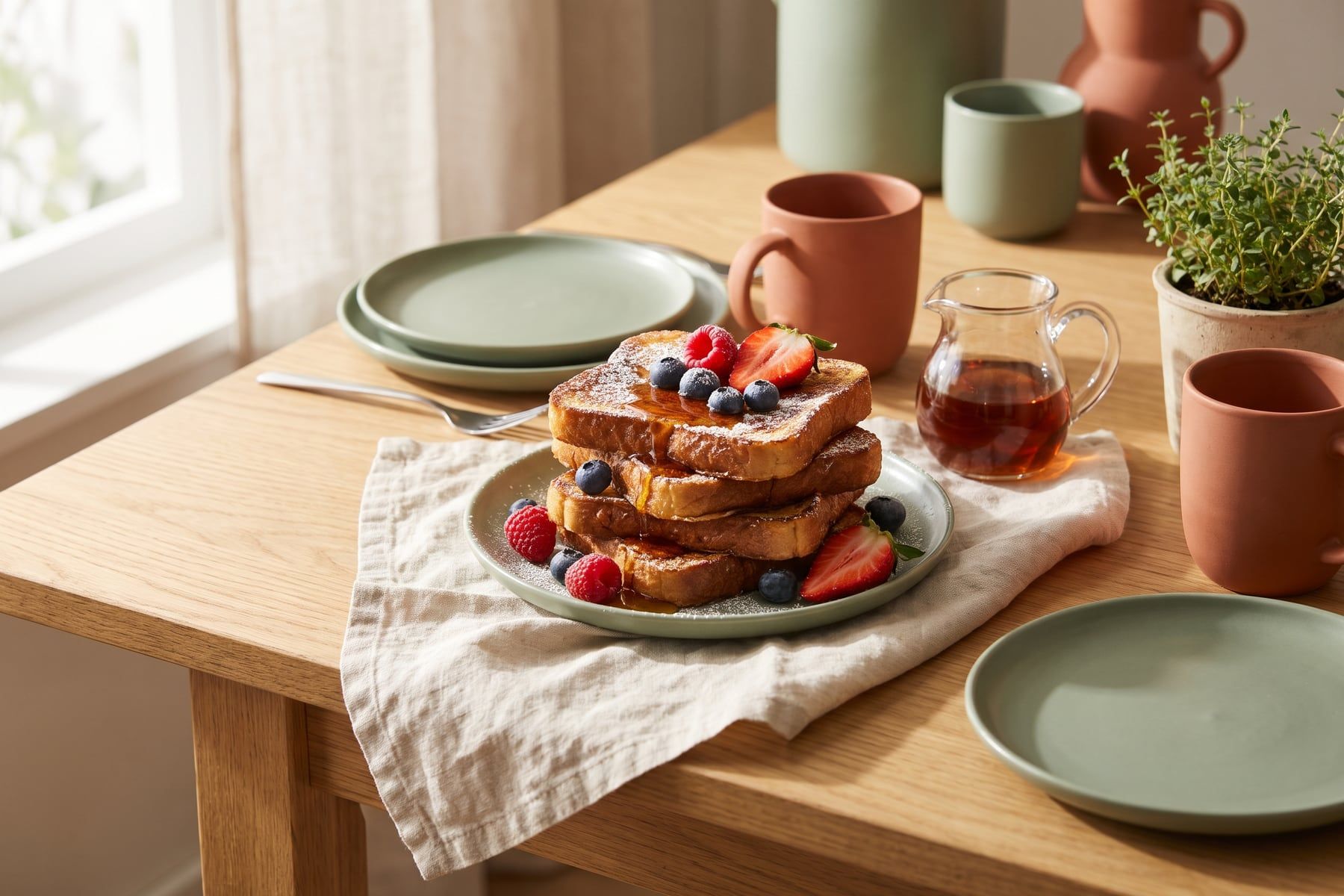 A stack of golden French toast slices dusted with powdered sugar with fresh berries and maple syrup
