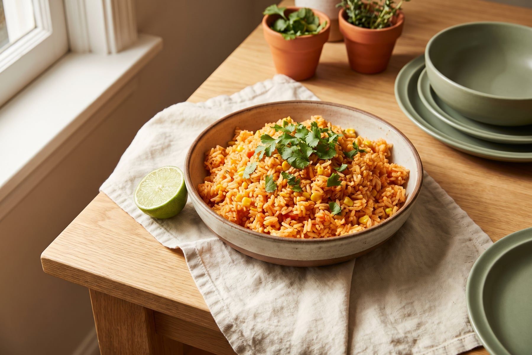 Fluffy orange tomato Mexican rice in a bowl topped with chopped cilantro and a lime wedge