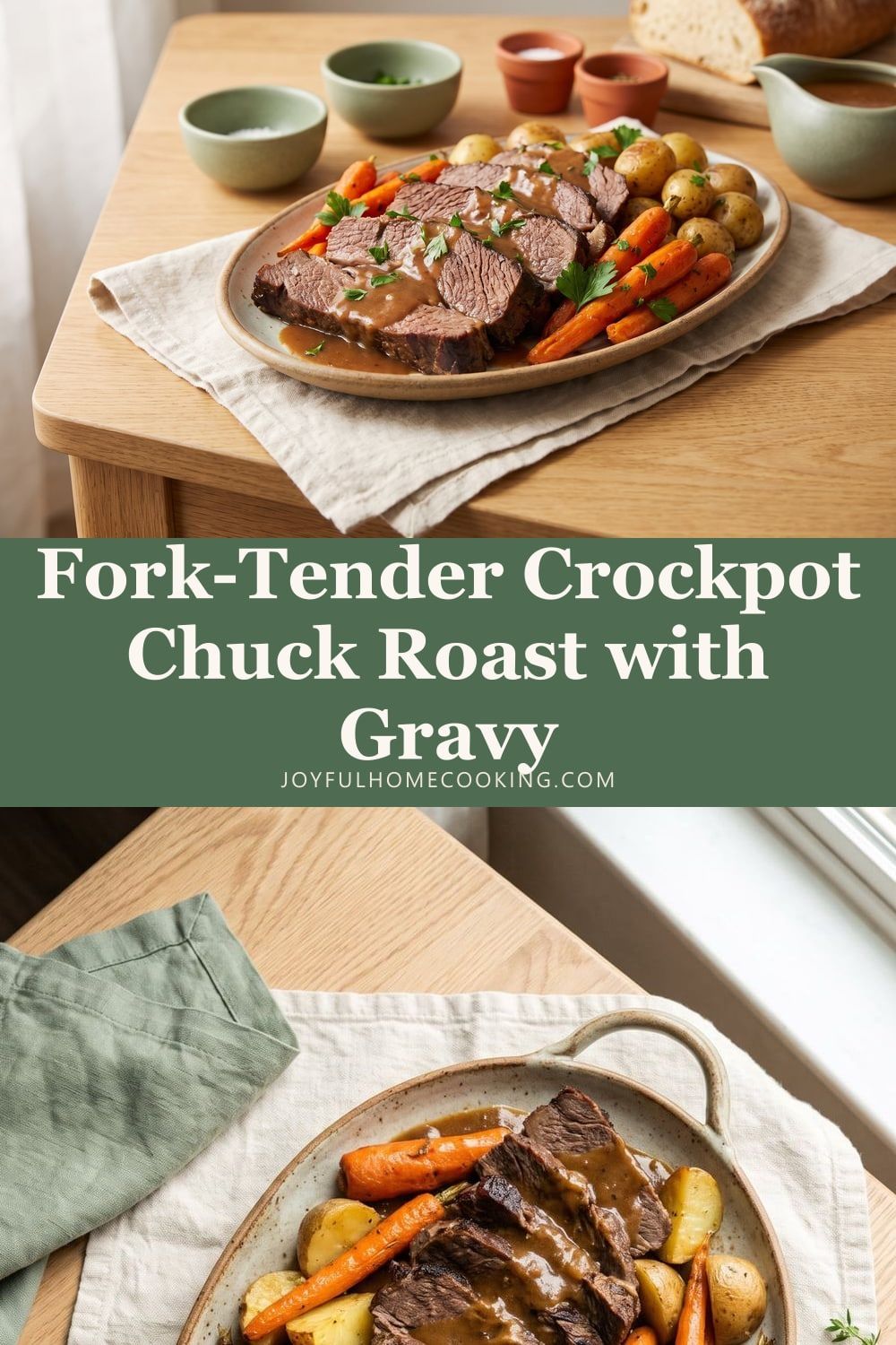 Two photos of slow cooker pot roast with recipe title