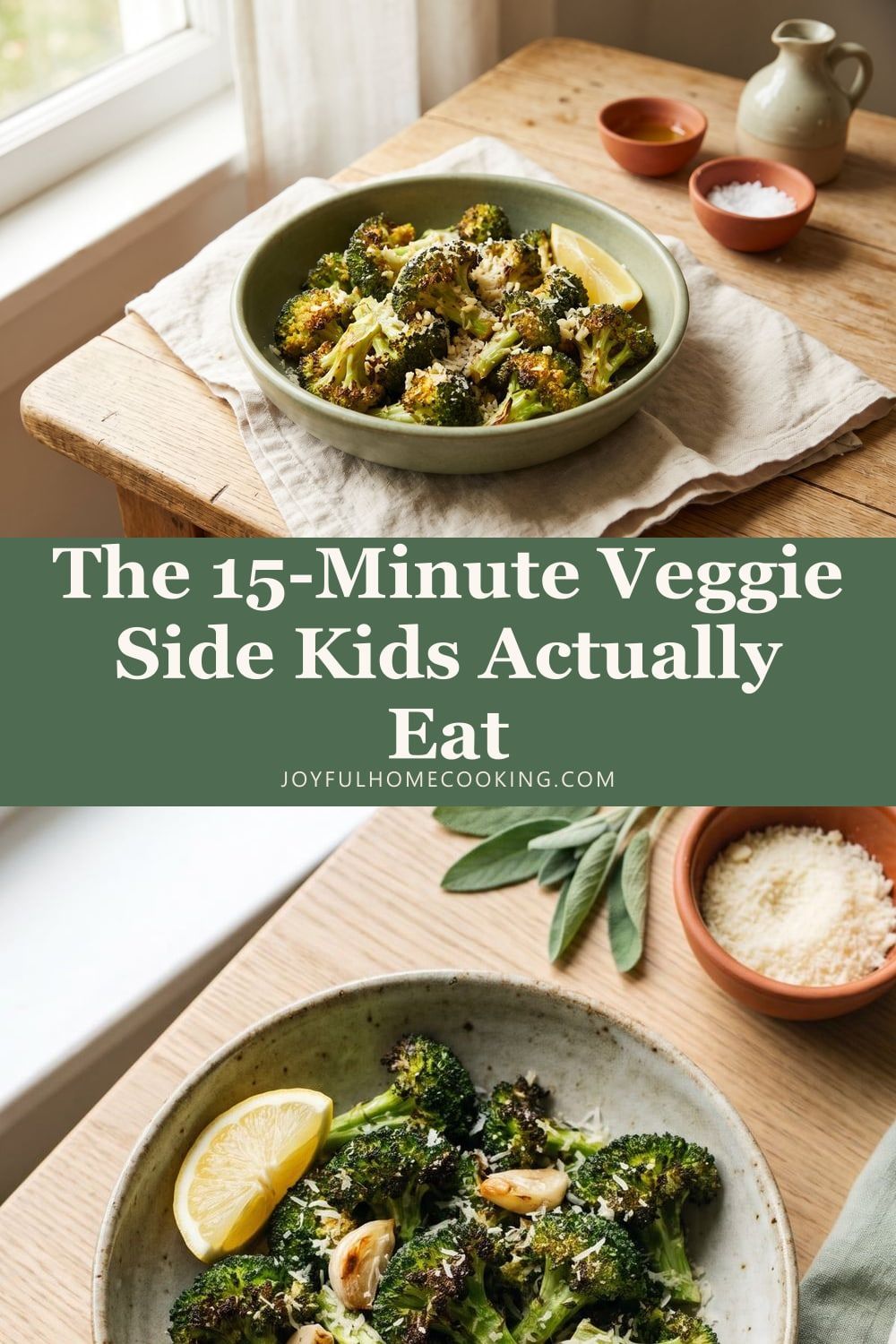 Two photos of air fryer broccoli with recipe title