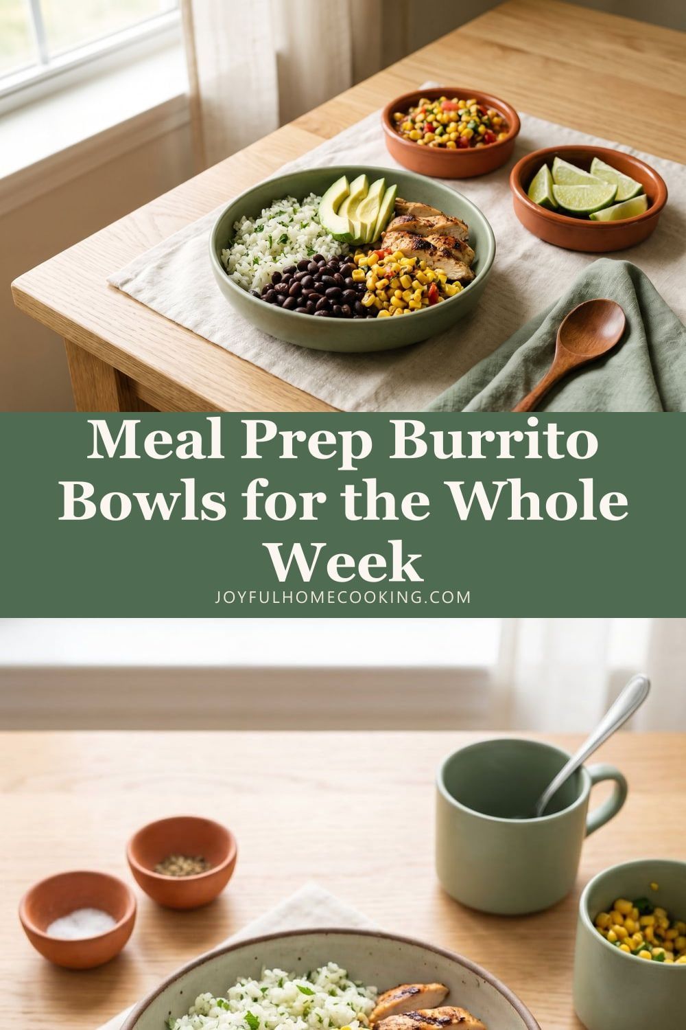 Two photos of chicken burrito bowl meal prep with recipe title