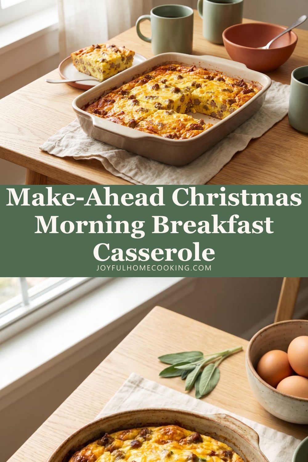 Two photos of sausage breakfast casserole with recipe title
