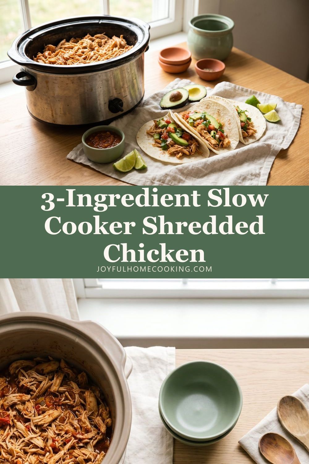 Two photos of crockpot salsa chicken and tacos with recipe title