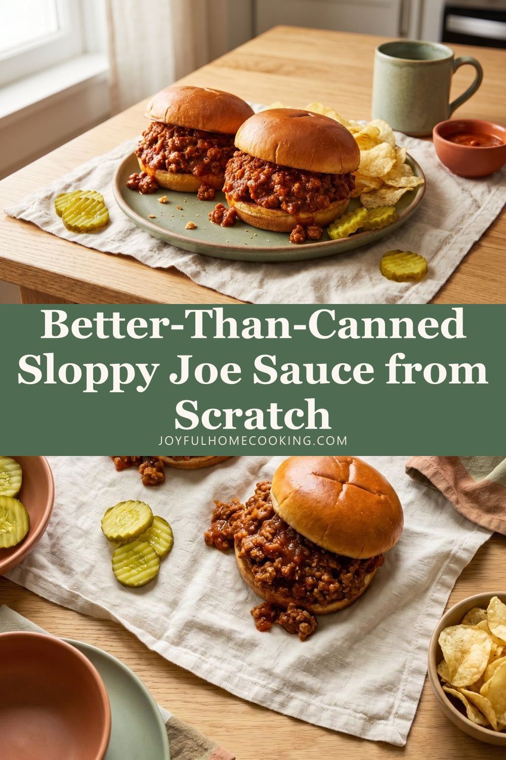 Two photos of homemade sloppy joes with recipe title