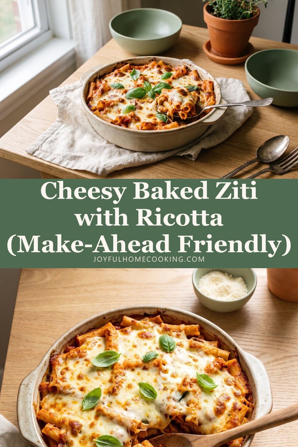 Two photos of easy baked ziti with recipe title