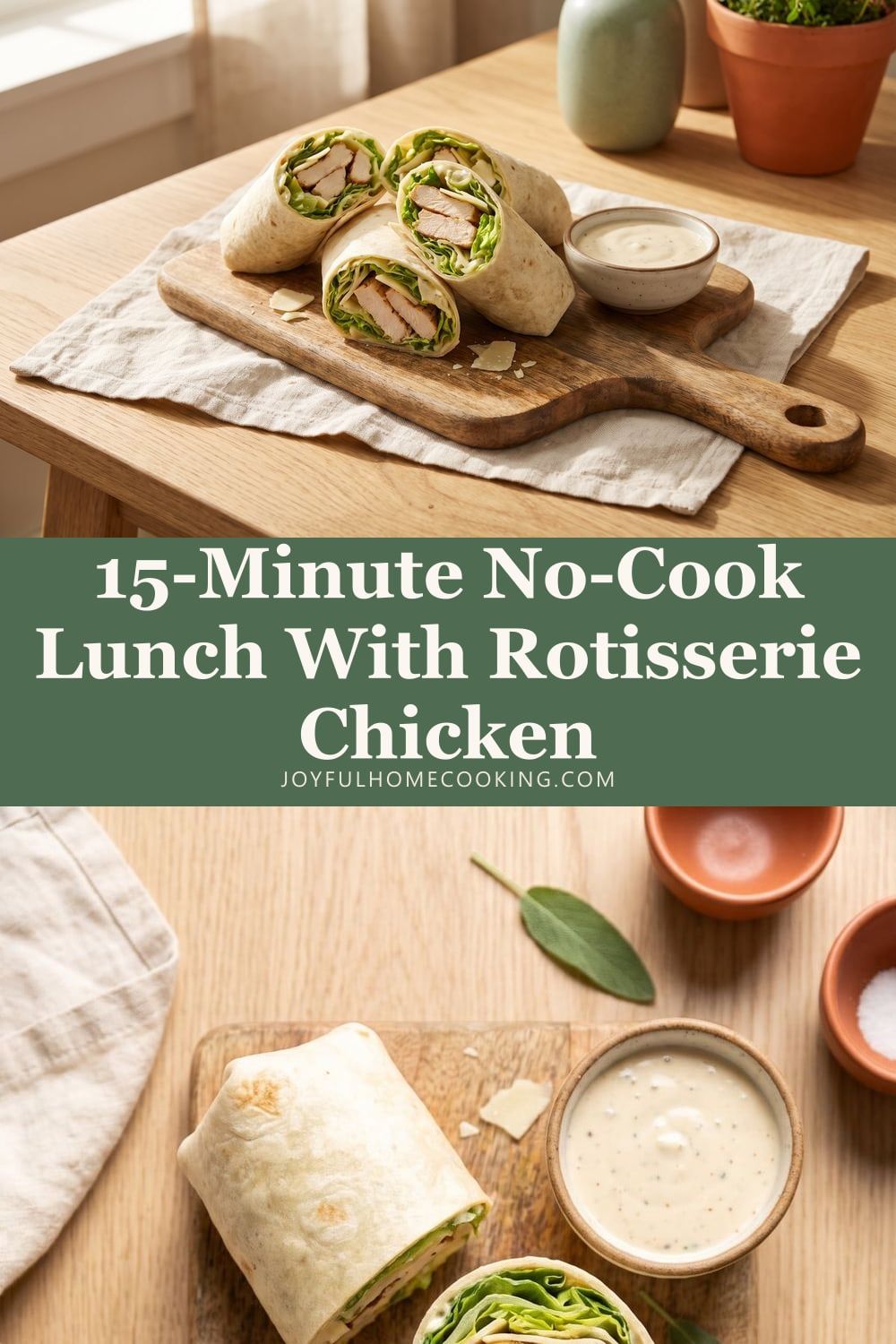 Two photos of chicken Caesar wraps with recipe title