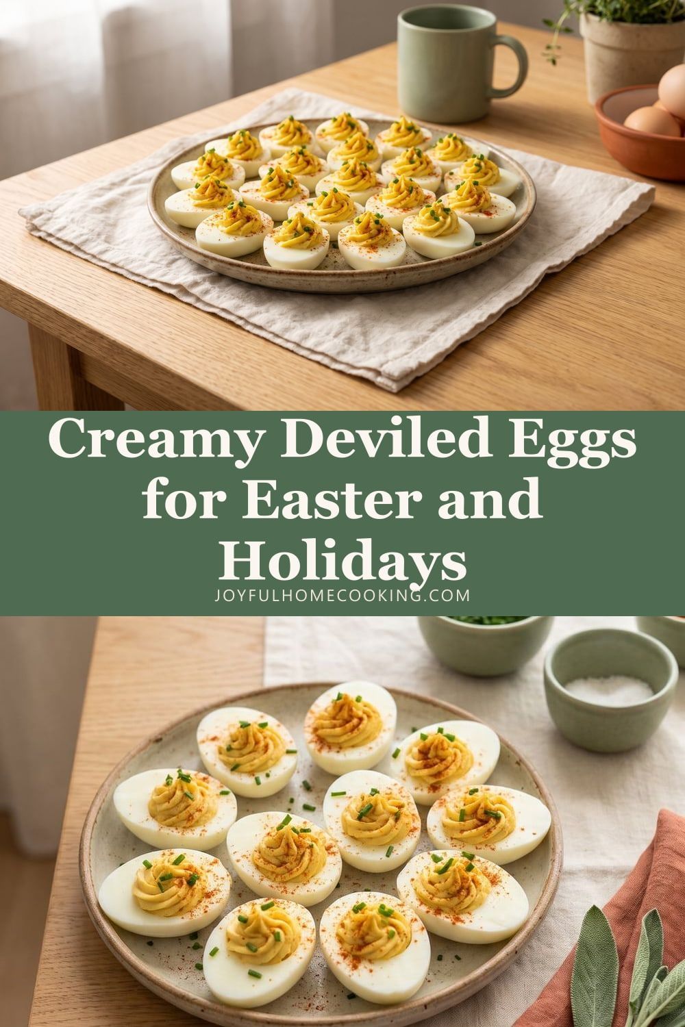 Two photos of deviled eggs with recipe title