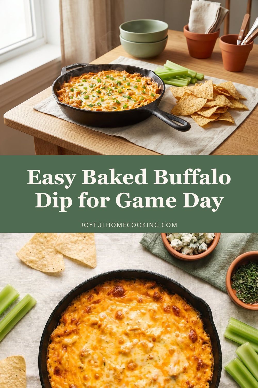 Two photos of buffalo chicken dip with recipe title