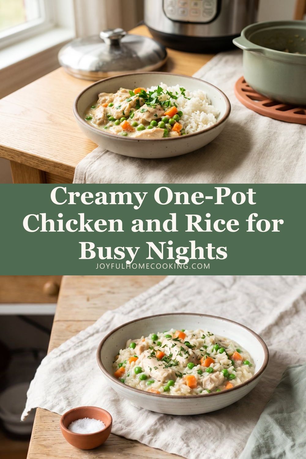 Two photos of Instant Pot chicken and rice with recipe title