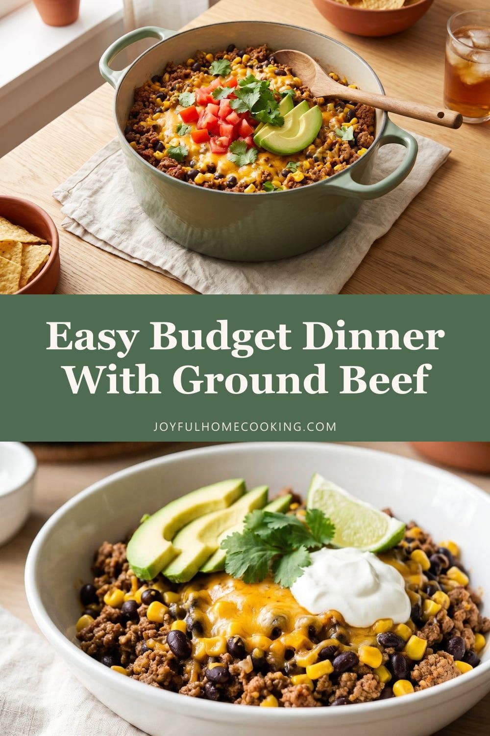 Two photos of cheesy taco rice with recipe title
