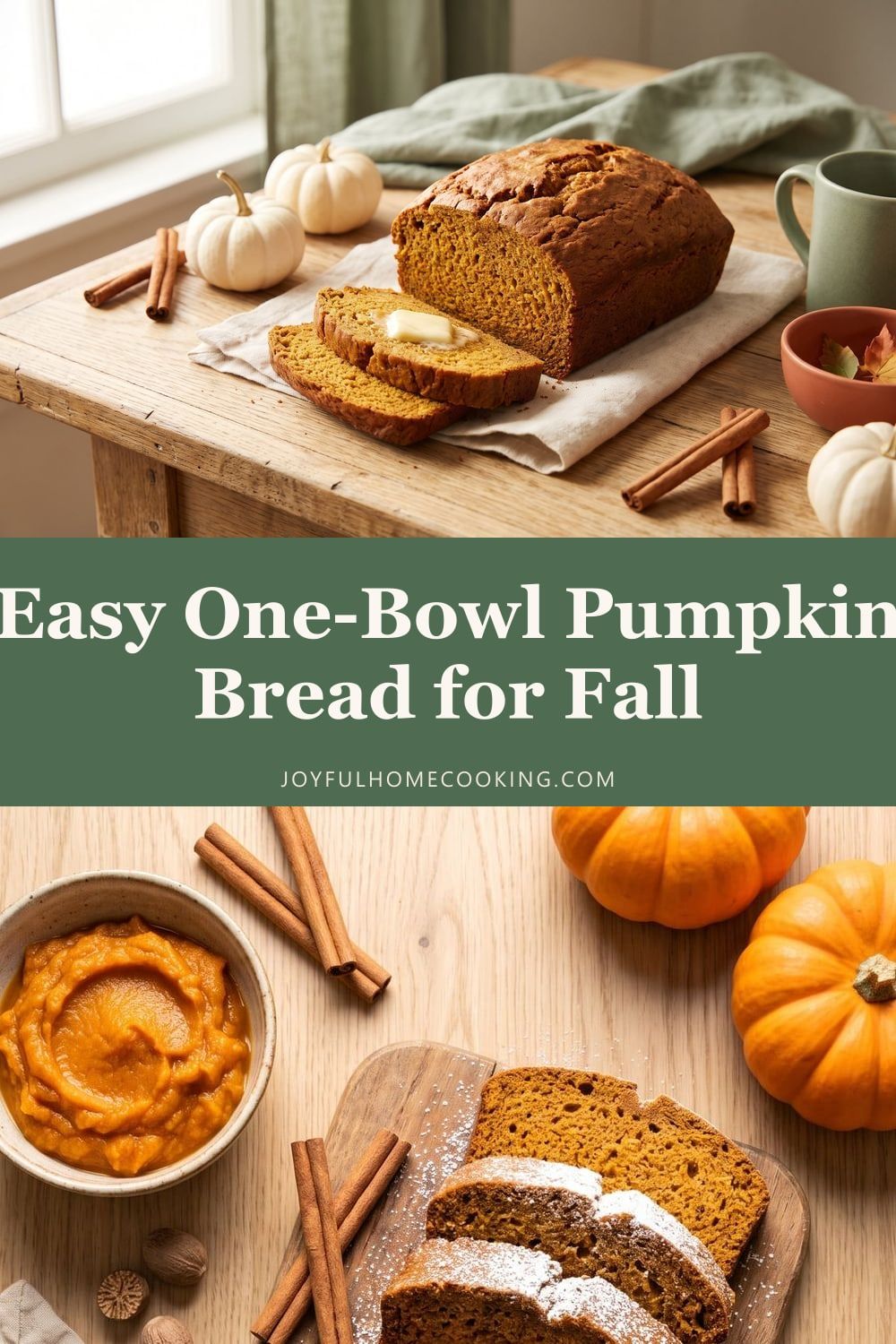Two photos of pumpkin bread with recipe title