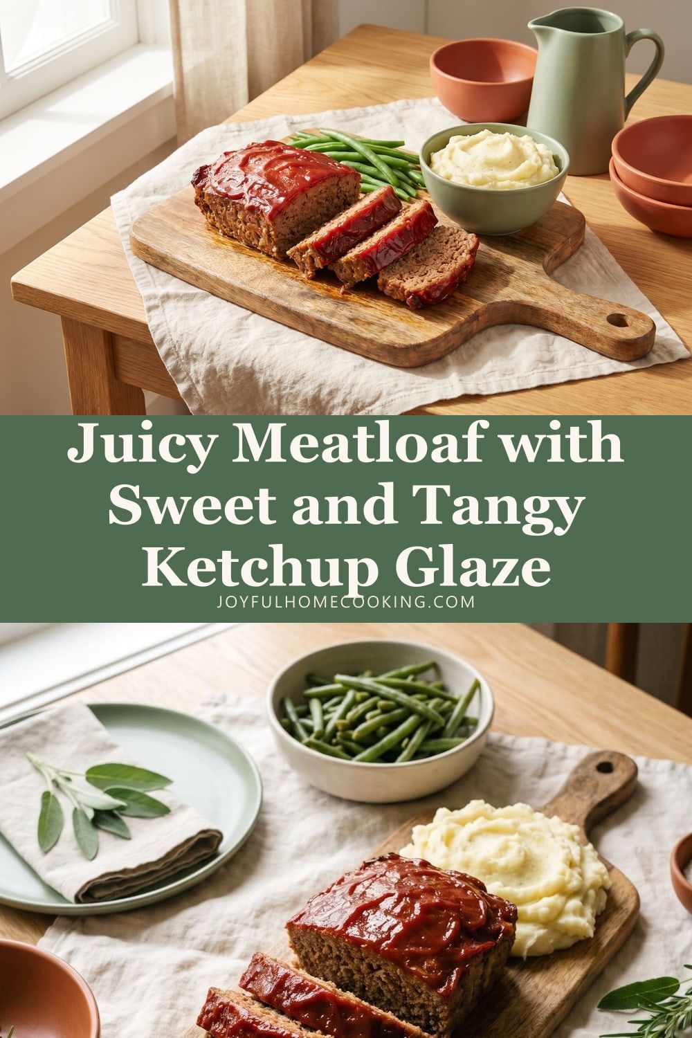 Two photos of classic meatloaf with recipe title